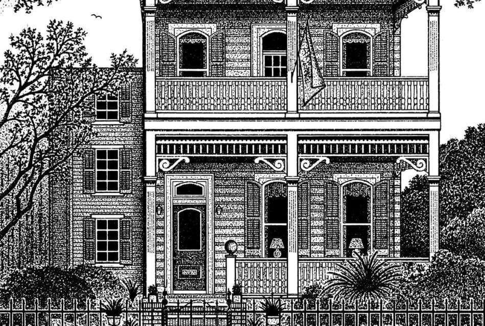 Black and white sketch of a two-story home with columns, an upper balcony and lots of trees and bushes